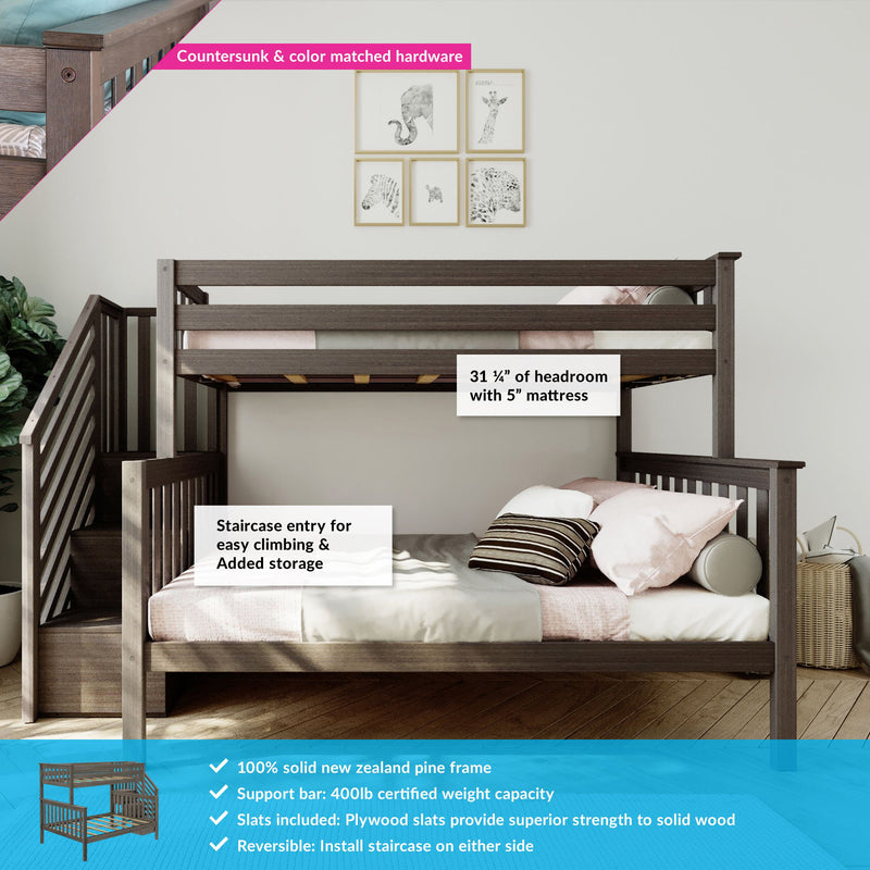 Dark brown twin-over-full bunk bed with staircase storage, solid New Zealand pine frame, 400 lb support bar, plywood slats, reversible stairs in modern kids' bedroom