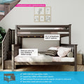 Solid pine gray-brown loft bunk bed with staircase entry, twin-over-full layout, safety rails, plywood slats and under-bed storage, styled with pillows and framed animal prints in a children's bedroom