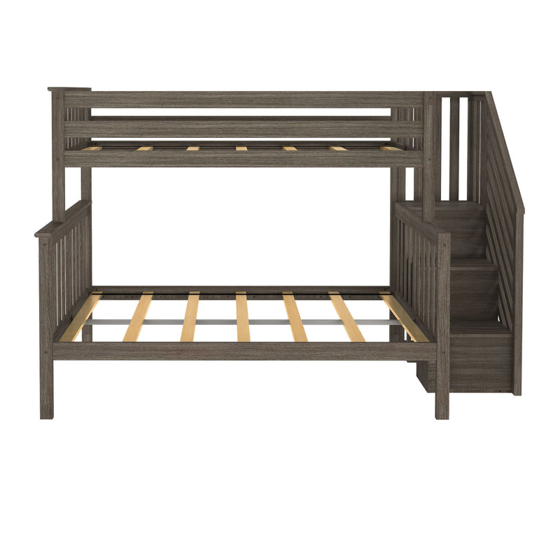 Gray wood twin-over-full bunk bed with built-in staircase storage, slatted guardrails and wooden slats, space-saving kids bedroom furniture