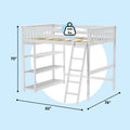 White wooden loft bed with ladder and built-in shelving, modern kids loft bed with 400 lb weight capacity, 70 in H × 82 in L × 76 in W