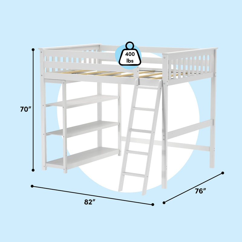 White wooden loft bed with ladder and built-in shelving, modern kids loft bed with 400 lb weight capacity, 70 in H × 82 in L × 76 in W