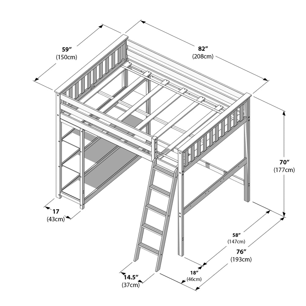 Loft bed frame dimensions with ladder illustration showing precise measurements in inches and centimeters.