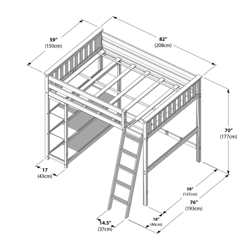 Loft bed frame dimensions with ladder illustration showing precise measurements in inches and centimeters.