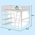 White wooden loft bed with ladder, built-in shelves and guardrails, 400 lb capacity; dimensions 81.5 in × 60.25 in × 68.5 in
