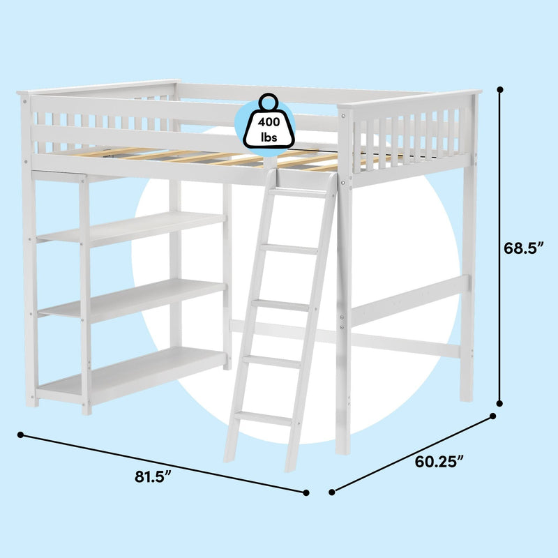 White wooden loft bed with ladder, built-in shelves and guardrails, 400 lb capacity; dimensions 81.5 in × 60.25 in × 68.5 in