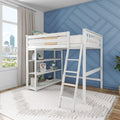 White wooden loft bed with ladder and built-in shelves in a modern kids' bedroom featuring a blue geometric accent wall, large window city view and patterned white rug