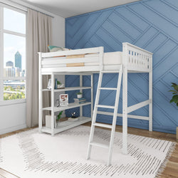 White wooden twin loft bed with ladder and built-in storage shelves in a modern kids' bedroom with blue geometric accent wall, large window with city skyline view, beige curtains and patterned rug on hardwood floor