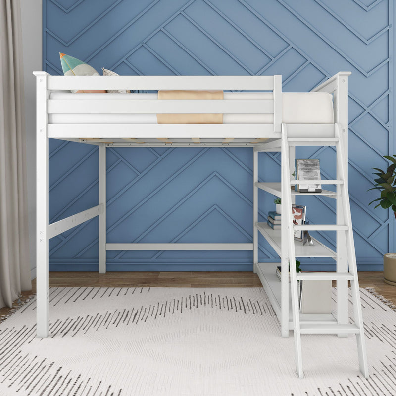 White loft bed with shelving and ladder against a modern blue-patterned wall in a stylish bedroom.
