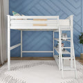 White loft bed with ladder and built-in shelves in modern kids' bedroom with blue geometric accent wall, decorative pillows and rug