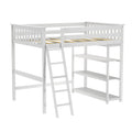 White wooden twin loft bed frame with safety rails, angled ladder and built-in shelves, space-saving kids' bed with modern white finish