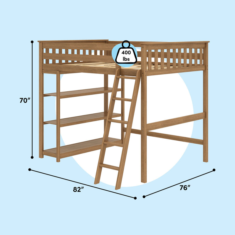 Natural wood twin loft bed with ladder, built-in desk and shelves underneath, 400 lb weight capacity, 70″ H × 82″ L × 76″ W, space-saving wooden loft bed