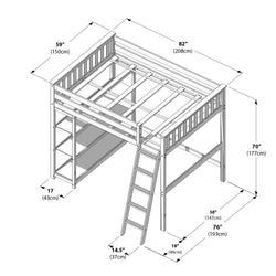 Loft bed frame assembly dimensions with ladder, showcasing height, width, and depth measurements in both inches and centimeters.