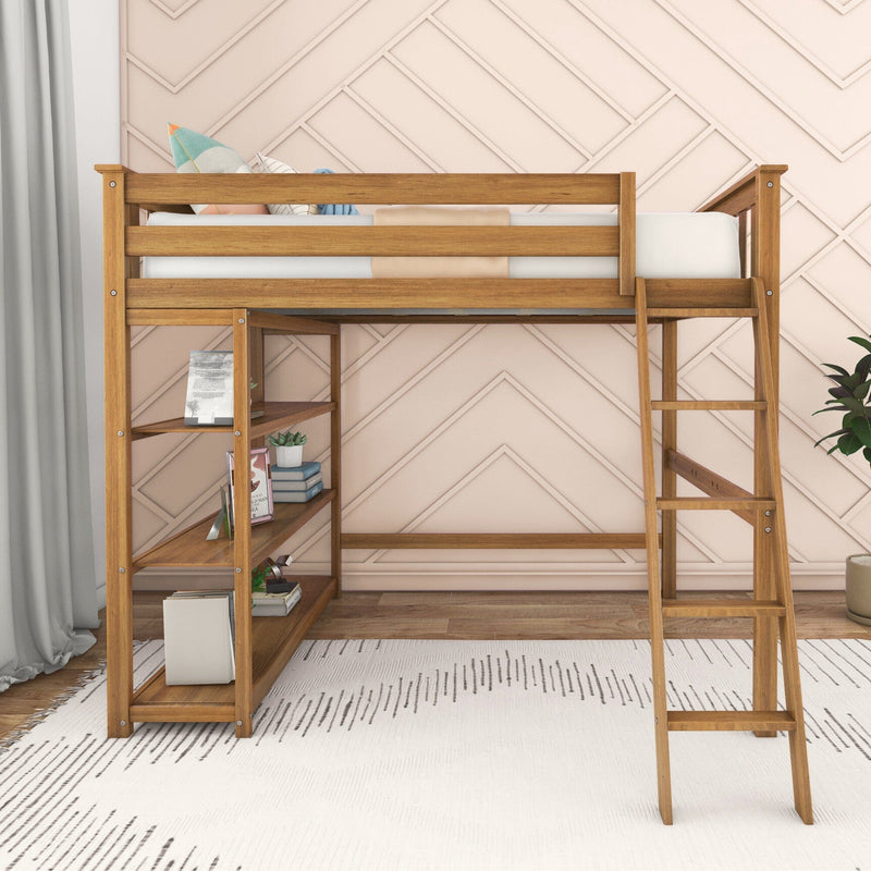 Stylish wooden loft bed with integrated shelves and ladder, against a modern geometric wall design in a cozy bedroom setting.