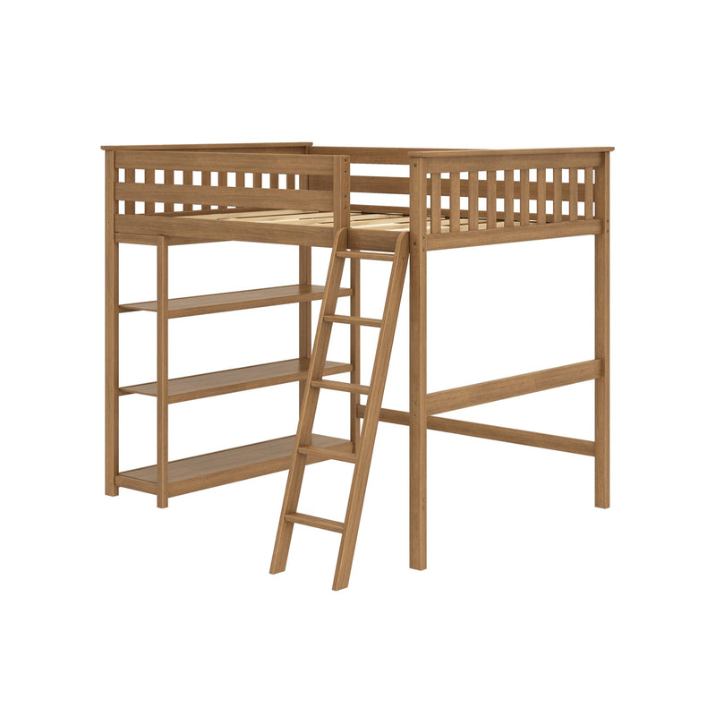 Wooden loft bed with ladder and integrated shelves for space-saving bedroom furniture.
