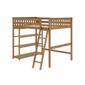 Space-saving wooden loft bed with ladder, built-in shelves and slatted guardrails in natural wood finish for kids' bedroom.