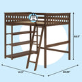 Brown wooden loft bed frame with angled ladder, built-in shelving and slatted guardrails, 68.5″ H × 81.5″ L × 60.25″ D, 400 lb weight capacity — space-saving elevated bed for kids or teens