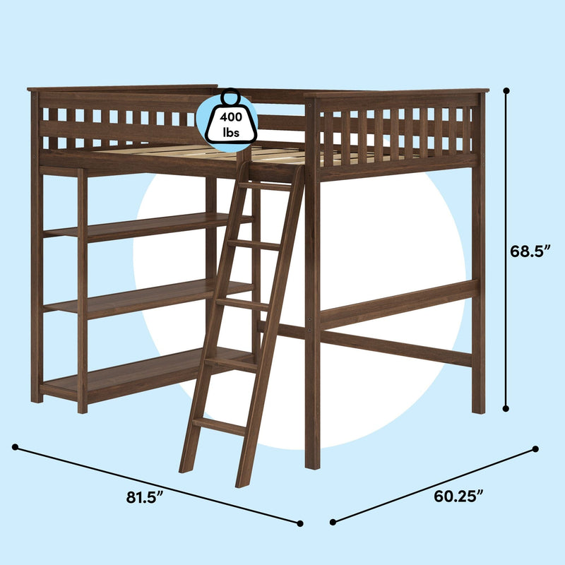 Brown wooden loft bed frame with angled ladder, built-in shelving and slatted guardrails, 68.5″ H × 81.5″ L × 60.25″ D, 400 lb weight capacity — space-saving elevated bed for kids or teens
