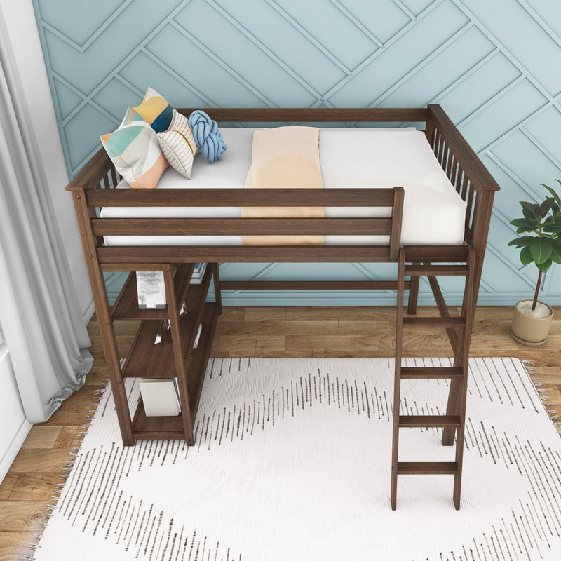 Loft bed with ladder, wooden frame, bookshelf storage, and decorative pillows in modern bedroom.