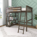Dark wood loft bed with ladder and built-in shelving set against a mint green geometric accent wall in a modern bedroom with decorative pillows, potted plant and large window