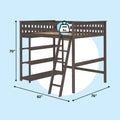 Dark brown wooden loft bed with ladder and guardrails, 70" height × 82" length × 76" depth, 400 lb weight capacity on light blue background