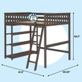 Dark gray wooden twin loft bed with ladder and built-in shelves, safety rails and 400 lb weight capacity; 68.5 in H, 81.5 in x 60.25 in footprint