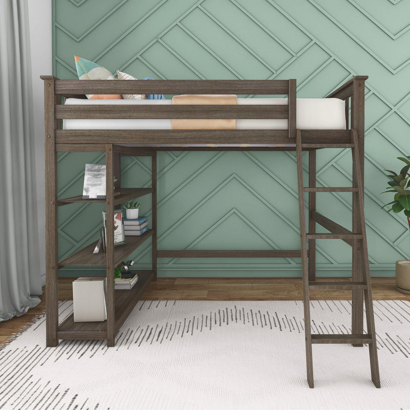 Stylish loft bed with built-in shelves and ladder against a geometric teal accent wall in a modern bedroom.