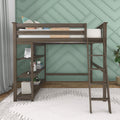 Dark wood loft bed with ladder and built-in shelves against a mint green geometric accent wall, styled with pillows, books and plants for a modern kids' bedroom storage solution
