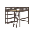 Twin loft bed frame in dark brown wood with angled ladder, built-in shelving and slatted mattress support — space-saving elevated bed for small bedrooms