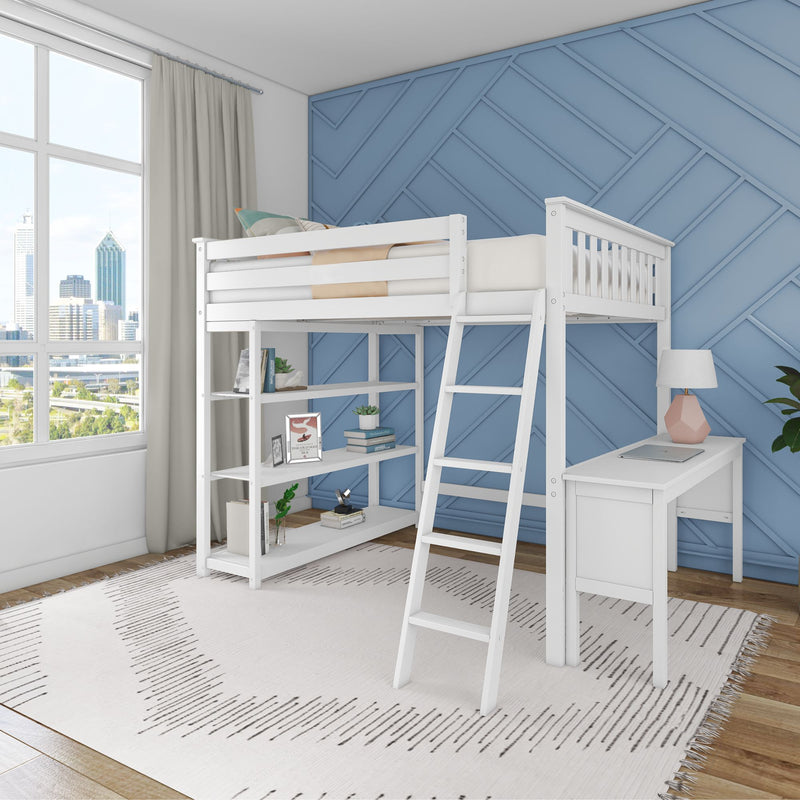 Loft bed with ladder, integrated shelving, and desk in a modern bedroom with blue accent wall and large window.