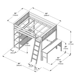 Diagram of a loft bed with integrated desk and storage shelves, showing detailed measurements in inches and centimeters.