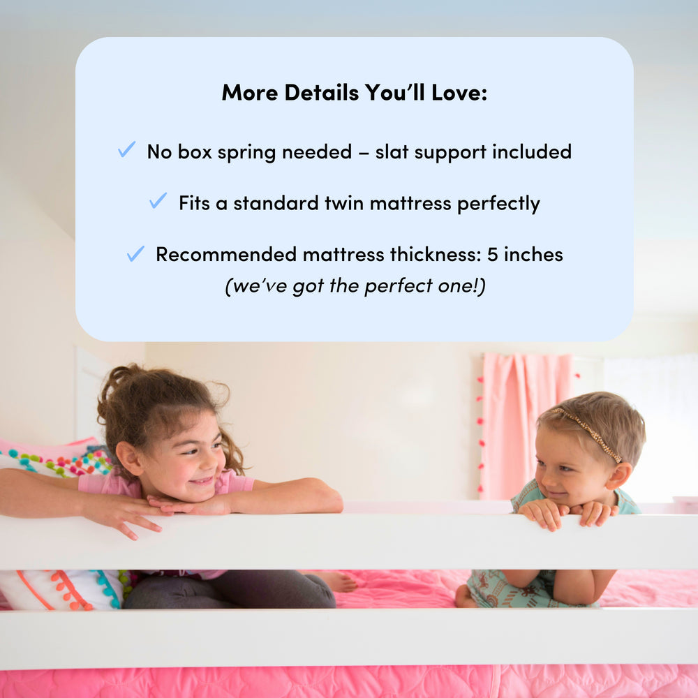 Children smiling on a bunk bed with text overlay detailing slat support, twin mattress fit, and 5-inch mattress recommendation.