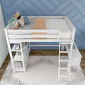 Space-saving white wooden loft twin bed with ladder, built-in shelves and desk, styled in a modern kids bedroom with blue accent wall and decorative pillows