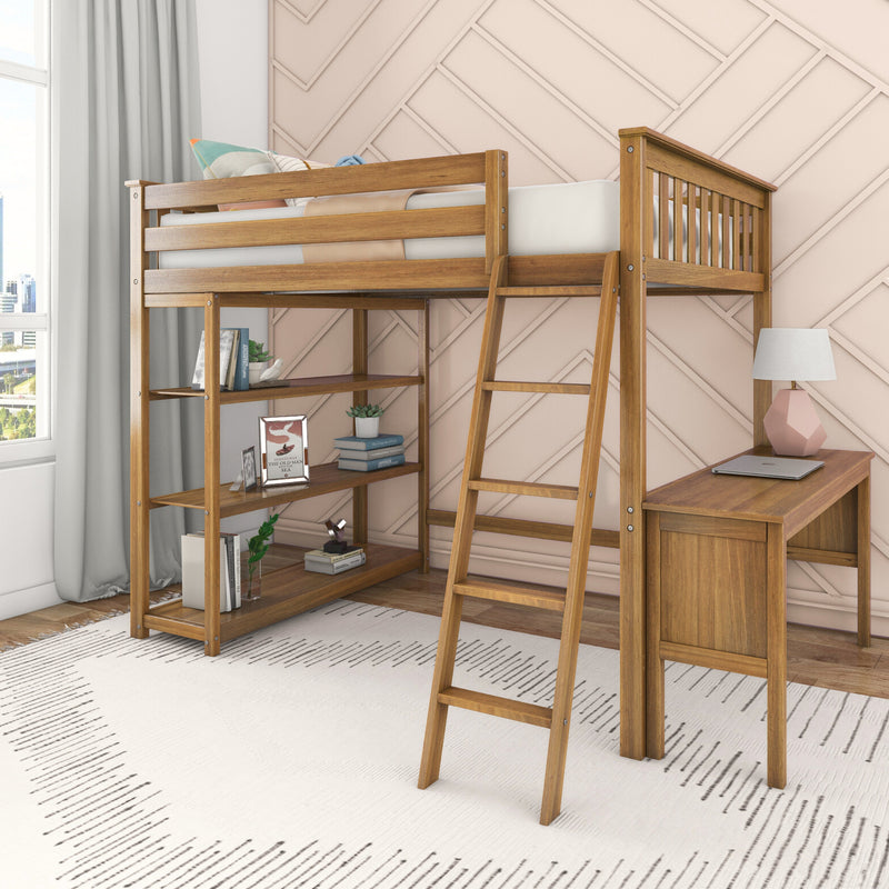 Wooden loft bed with ladder, integrated desk and open shelving against a pink geometric accent wall in a modern kids' bedroom study area
