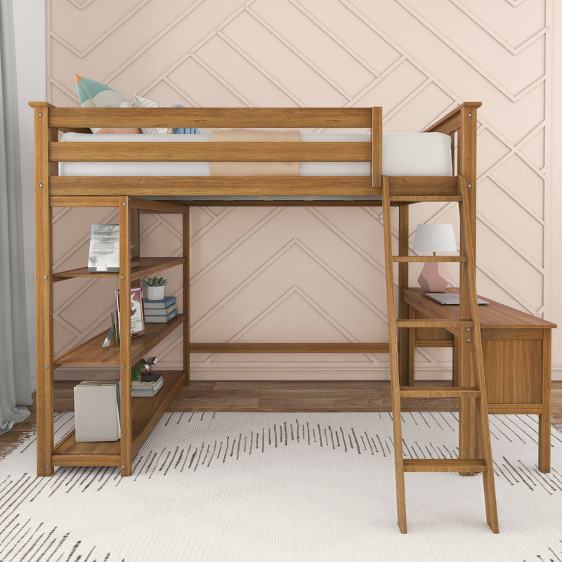 Space-saving wooden loft bed with built-in desk and open shelving in a modern kids' bedroom, pink geometric accent wall, decorative pillows, lamp and hardwood floor