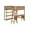 Natural wood loft bed with ladder, built-in desk and open shelving — space-saving wooden loft bed ideal for kids and small bedrooms