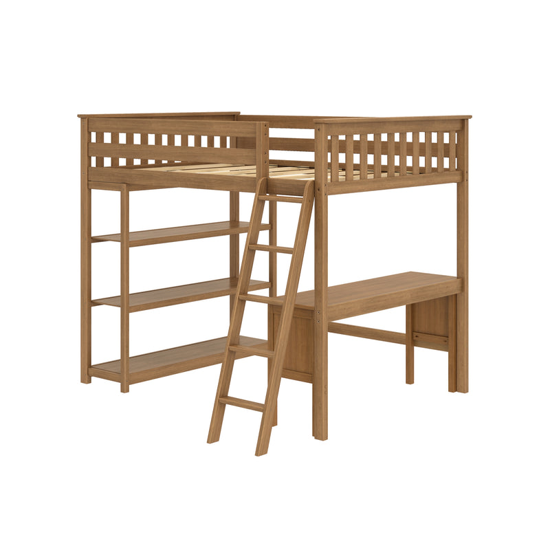 Natural wood loft bed with ladder, built-in desk and open shelving — space-saving wooden loft bed ideal for kids and small bedrooms