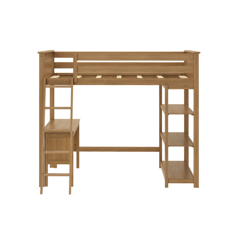 Wooden loft bed with integrated desk and shelving unit for small spaces.