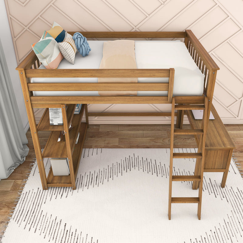 Modern wooden loft bed with built-in desk and shelving, white mattress and colorful decorative pillows against a pale geometric accent wall in a kids' bedroom