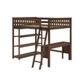 Dark brown wooden loft bed with ladder, built-in desk and open shelving for space-saving kids' bedroom
