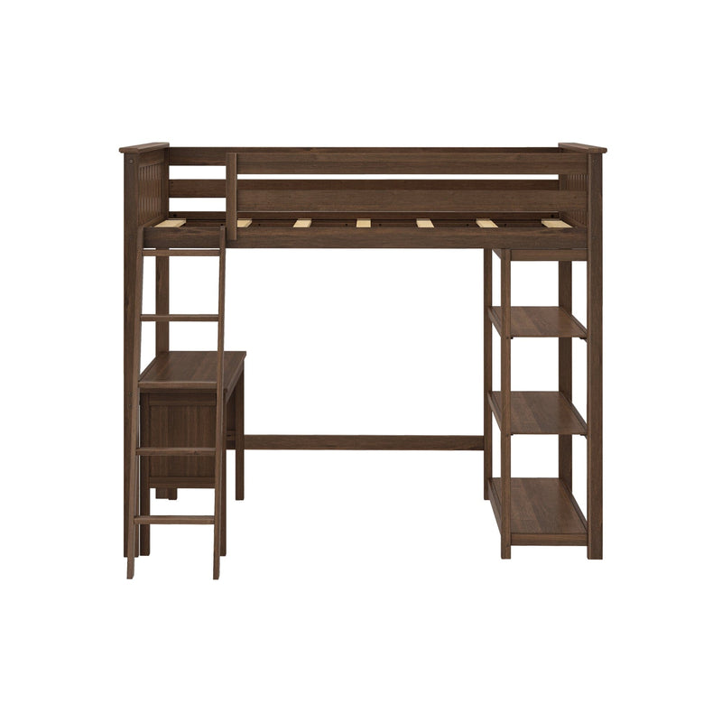 Brown wooden loft bed with integrated ladder, desk, and storage shelves for space-saving bedroom furniture.
