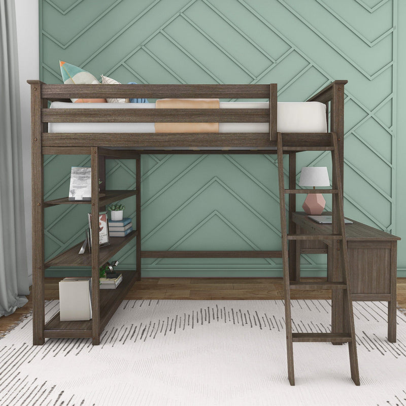 Loft bed with built-in desk and bookshelves in modern bedroom setting with geometric wall design.