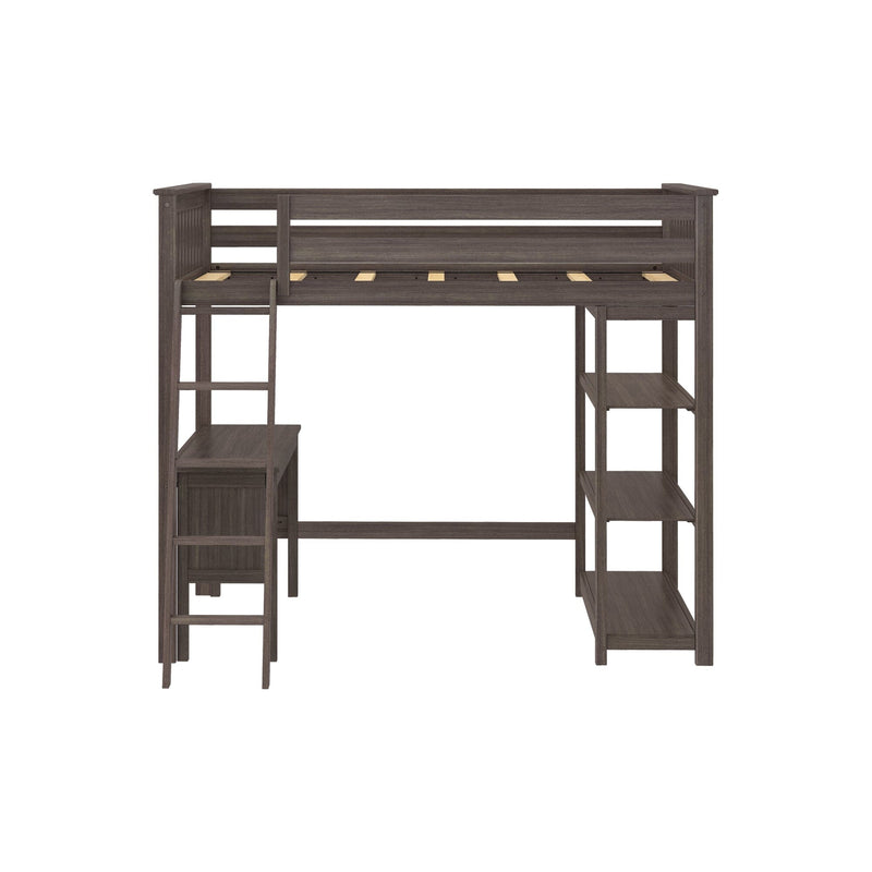 Wooden loft bed with built-in desk and shelving, space-saving furniture.