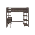 Dark gray wood loft bed with guardrail, built-in ladder and open shelves — space-saving twin bed for kids' bedroom