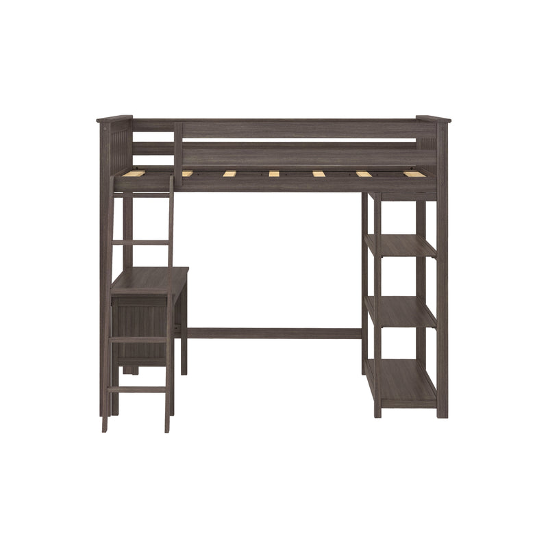 Dark gray wood loft bed with guardrail, built-in ladder and open shelves — space-saving twin bed for kids' bedroom