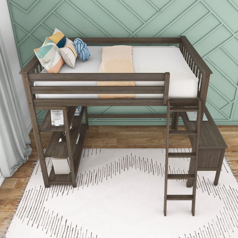 Loft bed with ladder and bookshelf on a light wooden floor, green geometric wall background, and a patterned white rug, featuring colorful pillows.