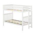 White wooden twin-over-twin bunk bed with ladder, slatted safety rails and frame for kids' bedroom, space-saving