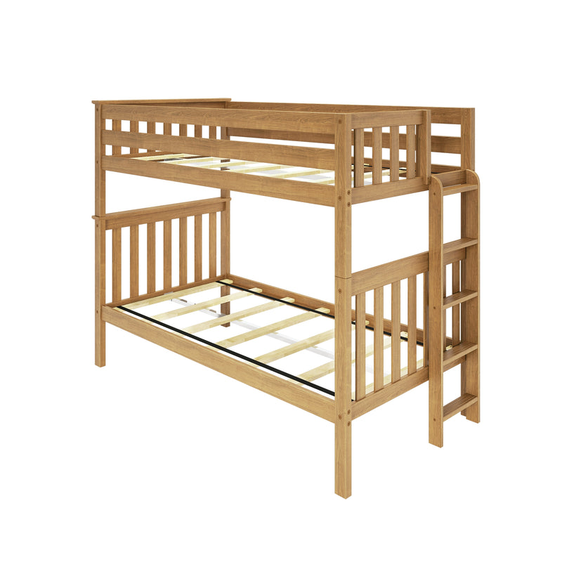 Natural finish wooden twin-over-full bunk bed with slatted guardrails, integrated ladder and platform slat mattress support for kids' bedroom