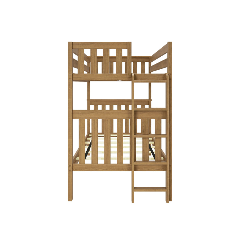 Solid oak twin-over-twin bunk bed with ladder and slatted headboards in natural wood finish, space-saving design