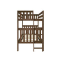 Brown solid wood twin-over-twin bunk bed frame with ladder and slatted mattress supports, rustic kids' loft bed