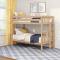 Light wood bunk bed in modern kids bedroom with yellow curtains, blue plaid rug, navy throw and daisy wall art